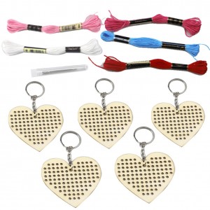Heart Shape Wood Cross Stitch Keychain Kit, DIY Crochet Accessory