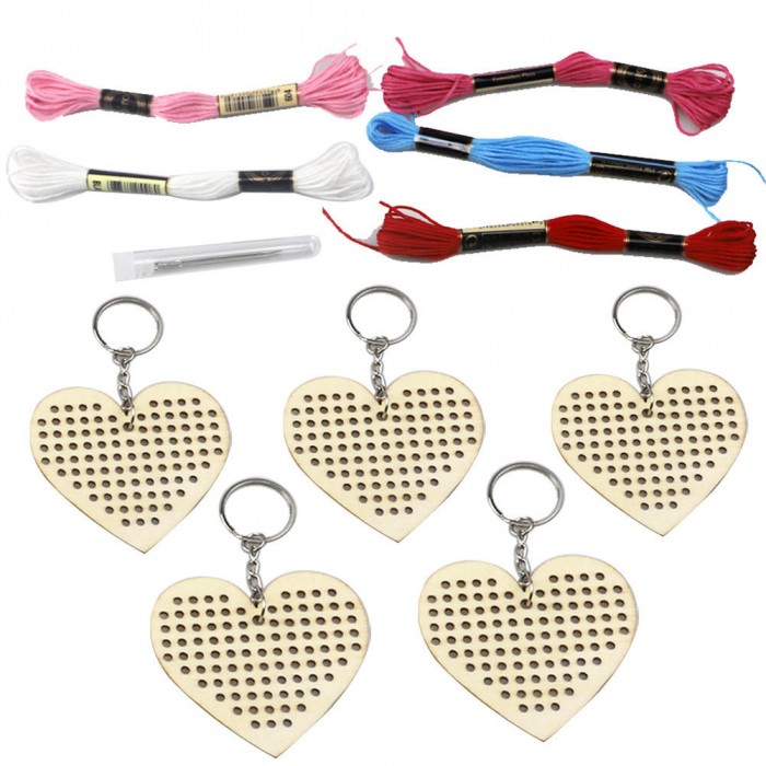 Wholesale Custom DIY Wood Crochet Accessories Wooden Cross Stitch Keychain Heart Shape