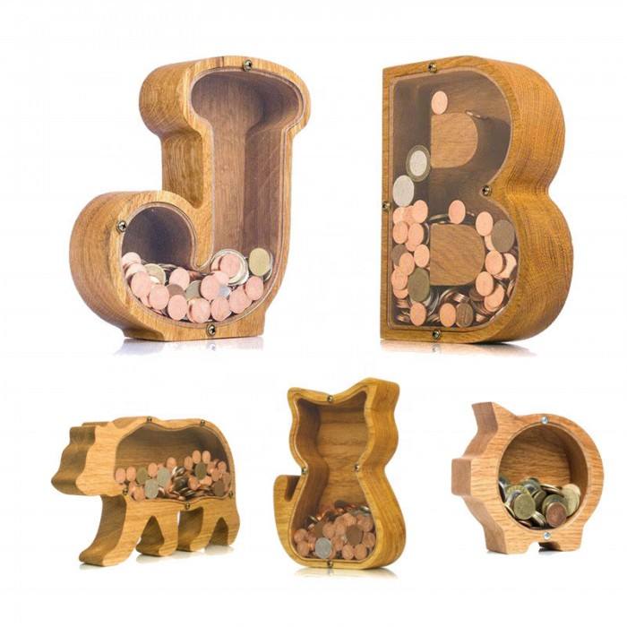 Wholesale Custom Clear Letter Pig Dog Cat Bulk Money Coin Wooden Boxes Piggy Bank for Kids