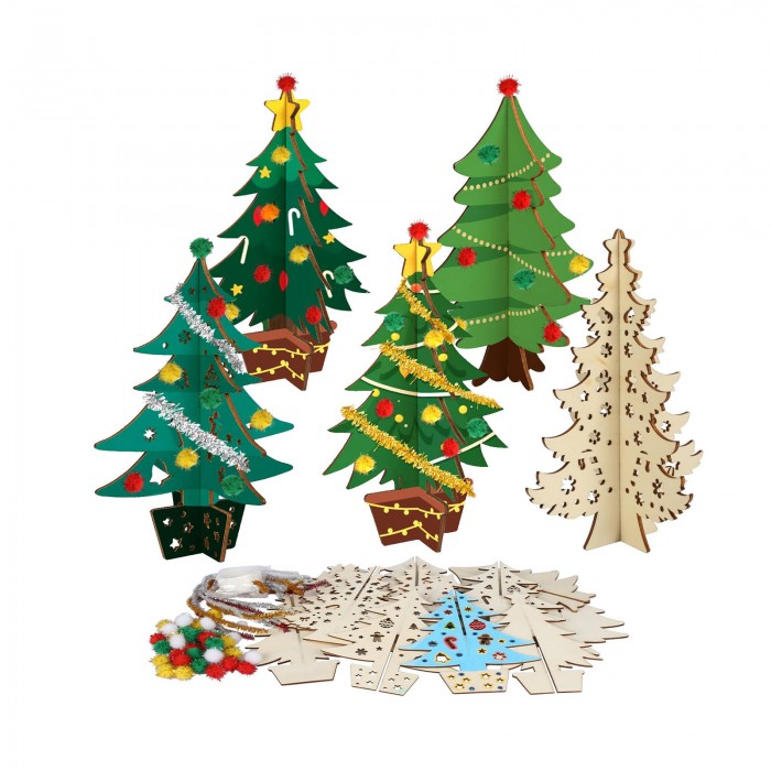Christmas DIY Painting Kit, 3D Stereo Wood Carving Desktop Ornament Kit, Customizable Christmas Tree Craft Set for Home Decor
