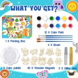 DIY Wood Painting Fridge Magnet Craft Kit for Kids, Unfinished Wooden Magnet Art Set with Paint & Brushes