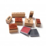 Kids Mini Cute Wooden Rubber Stamp Set with Ink Pad, Christmas Diary DIY Stamps