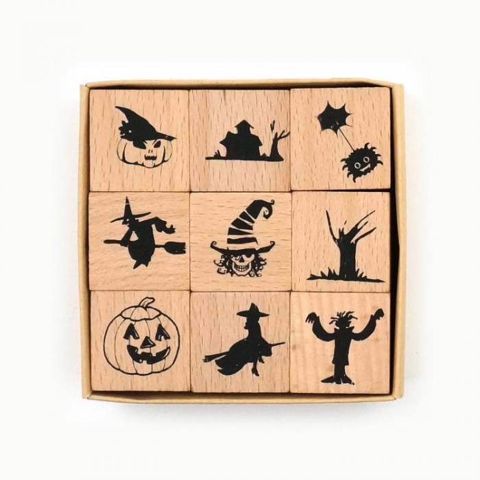 Wholesale Custom Halloween Wooden Rubber Stamp Set - Spooky Witch Pumpkin Craft Stamps for Party